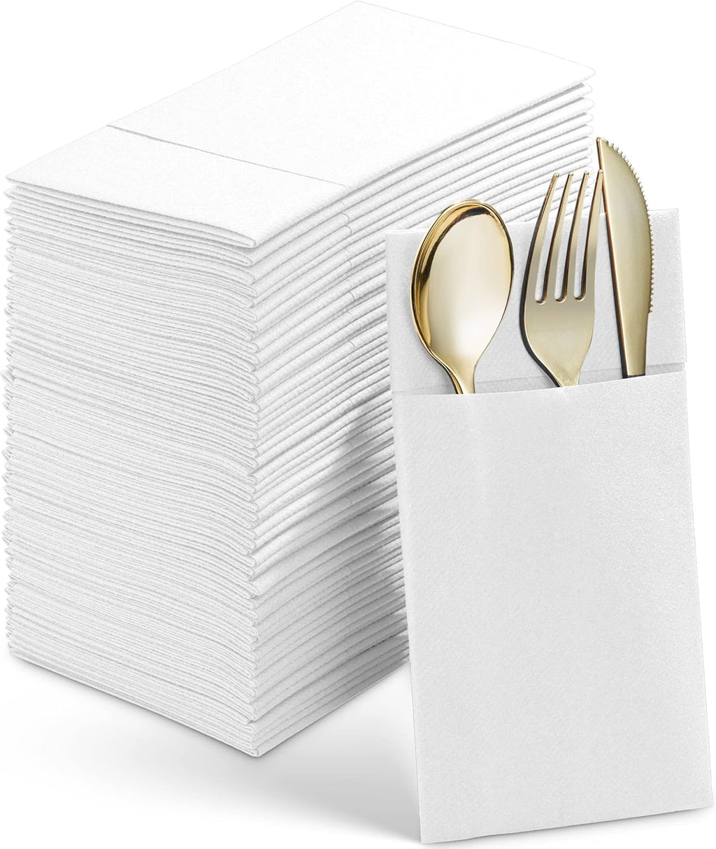 Disposable Linen-Feel Dinner Napkins With Built-in Flatware Pocket, 50-Pack WHITE Prefolded Cloth Like Paper Napkins For Wedding, Dinner Or Party