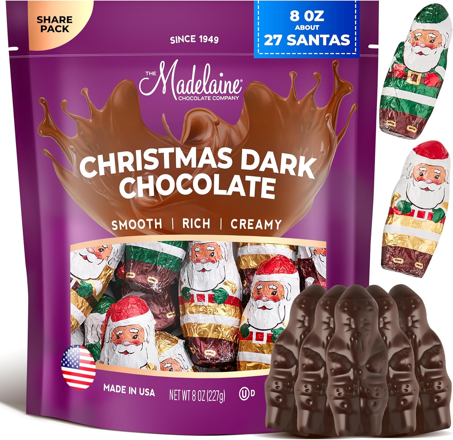 Madelaine Solid Premium Dark Chocolate Mini Santas - Christmas Candy, Holiday Treats - Individually Wrapped In Italian Foil Featuring Assorted Holiday Designs (1/2 LB)
