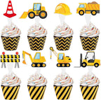 48 Pack Construction Cupcake Toppers and Wrappers, Construction Vehicles Party Cake Decoration for Engineering Theme Birthday Party Baby Shower Supplies