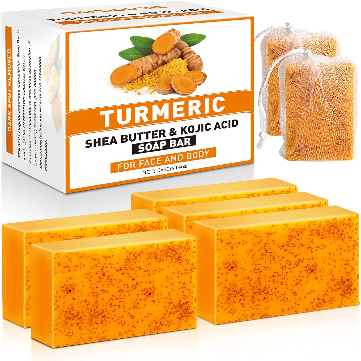 5 Pack Turmeric Kojic Acid Soap Bars(80g) - Infused with Retinol, Hydrolyzed Collagen, Vitamin E & Shea Butter, Gentle Care for Face, Body & Underarms, SLS Free, Suitable for Oily & Dry Skin