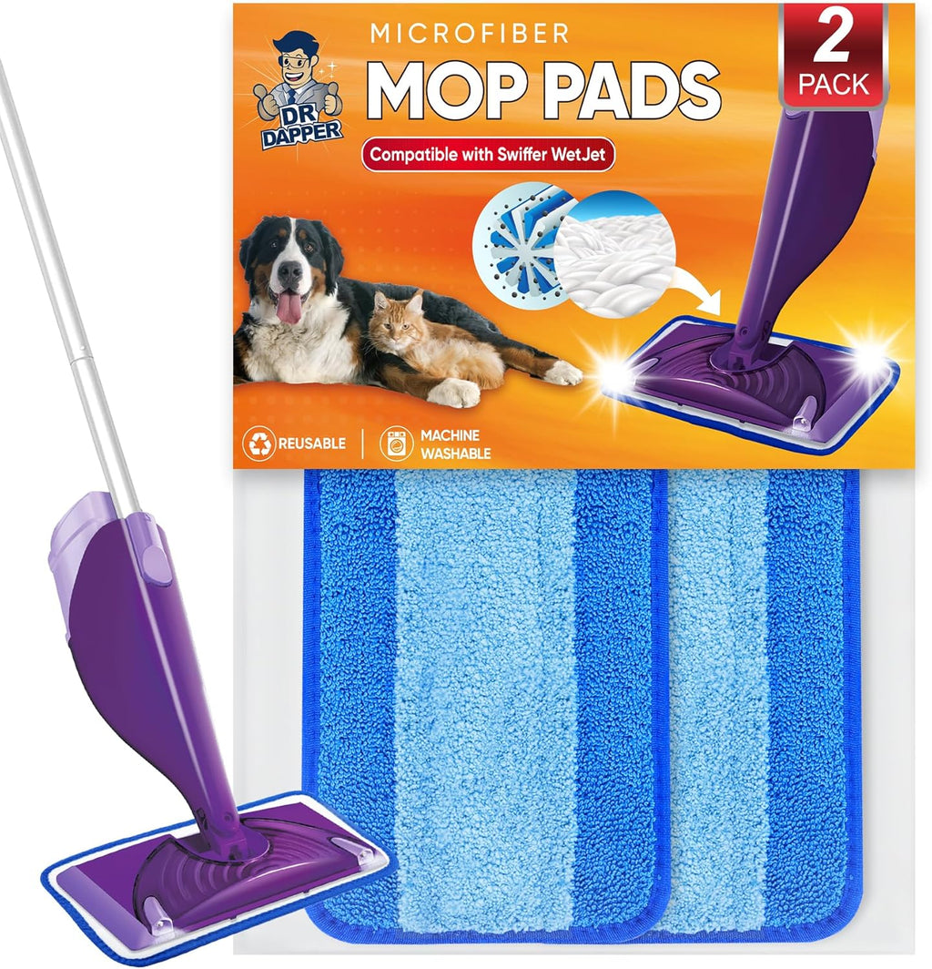 DR DAPPER Reusable Wet Jet Pads Compatible with Swiffer WetJet Mop, 2 Pack Wet Jet Refills, Reusable Wet Pads, Microfiber Mop Pad Refills for Floor Mopping and Cleaning, Wet & Dry Use Refills, Blue