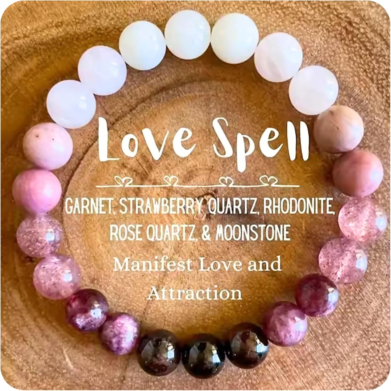 Love Energy Crystal Bracelet for Women Garnet, Quartz, Rose Quartz, Rhodonite, Moonstone for Mothers Days Gift, Birthday, Christmas Healing Gemstone Bracelet
