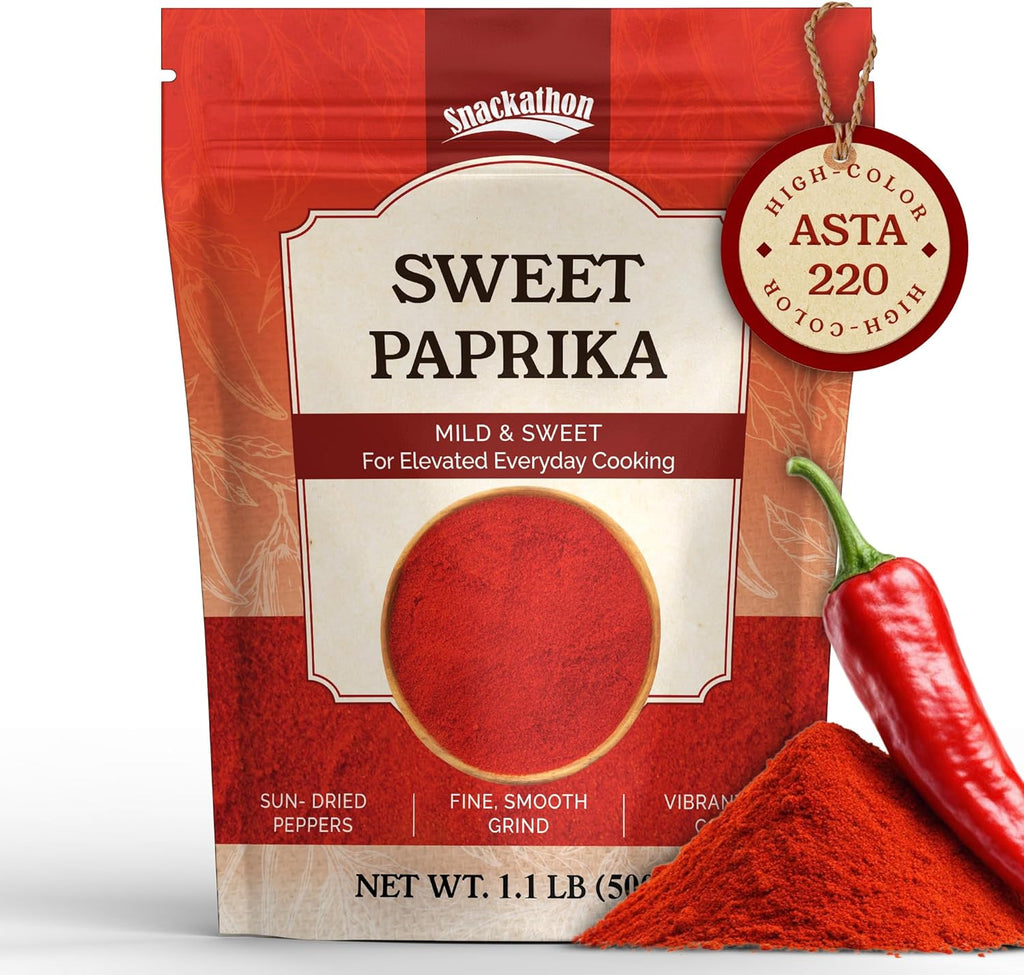 Snackathon Sweet Paprika Powder, 1.1 LB (500g) Resealable Bulk Bag, High Color ASTA 220, Vibrant Red, Mild & Sweet, 100% Pure All-Natural, Fine & Smooth Gourmet Spice