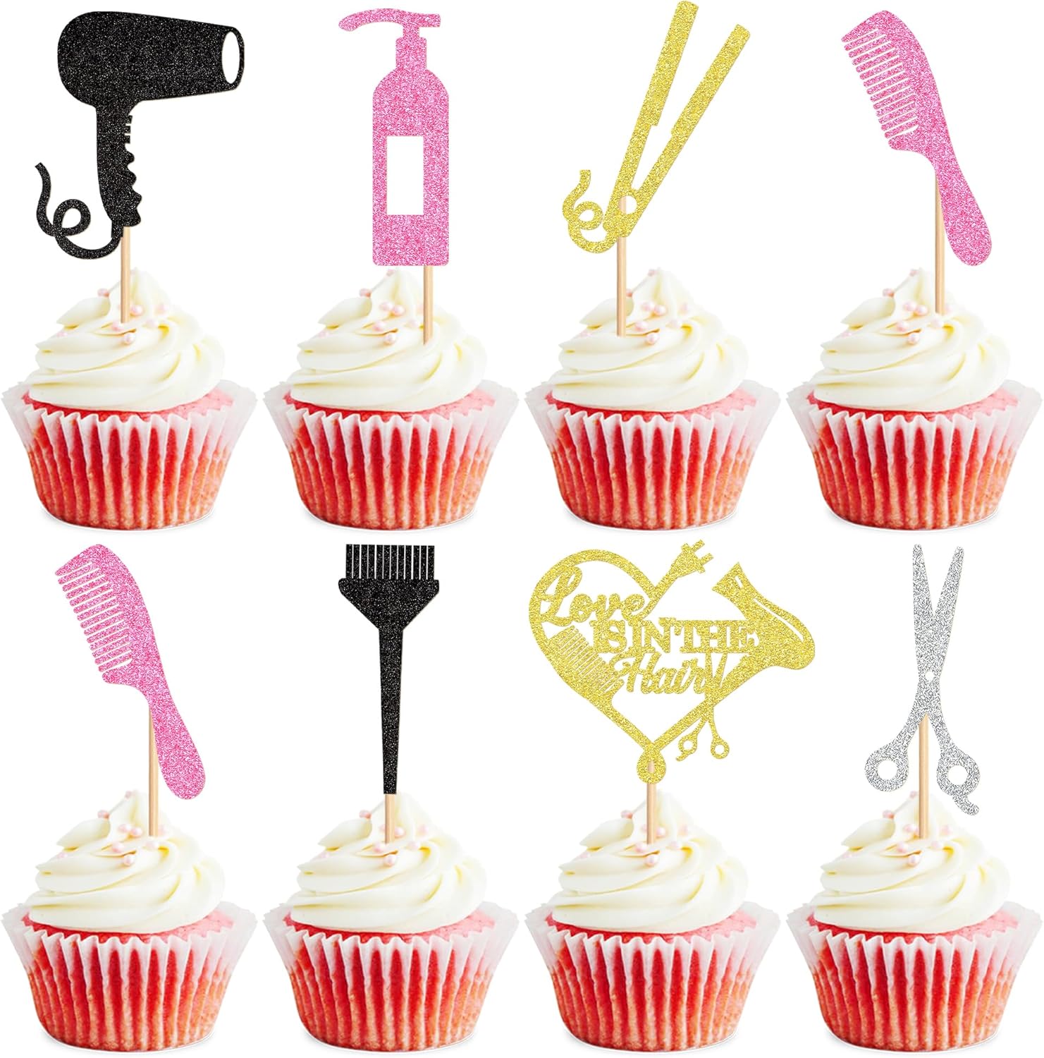 Ercadio 35 Pack Barbershop Themed Cupcake Toppers Gold Love is In the Hair Bachelorette Cupcake Picks Bridal Shower Birthday Party Cake Decorations Supplies Hair Gryer Black