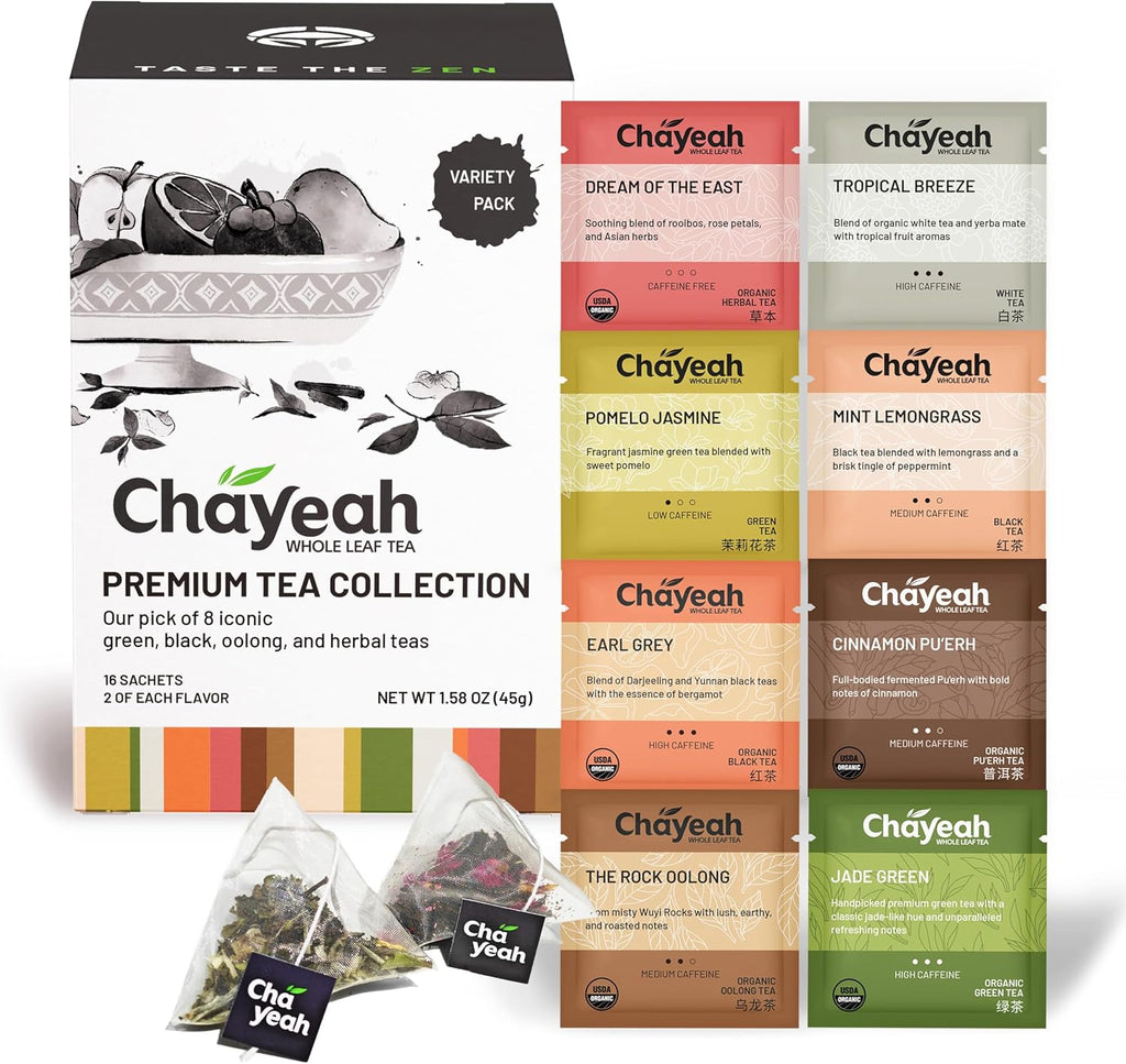 CHAYEAH, Premium Tea Collection (16 Pyramid Tea Sachets, 8 Assorted Flavors), Green, Black, Oolong, Pu’erh & Herbal Tea Sampler Variety Pack, Caffeinated and Non-Caffeinated, Whole Leaf Tea Bag