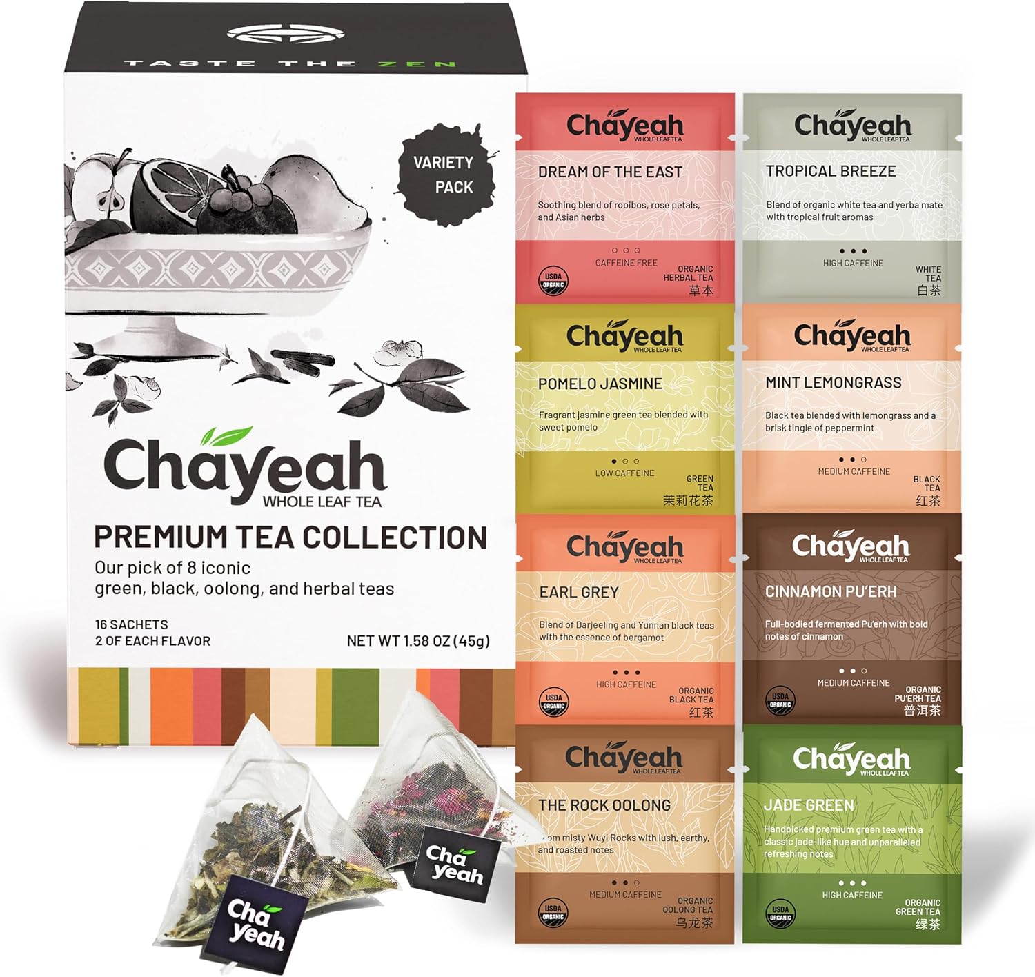 CHAYEAH, Premium Tea Collection (16 Pyramid Tea Sachets, 8 Assorted Flavors), Green, Black, Oolong, Pu’erh & Herbal Tea Sampler Variety Pack, Caffeinated and Non-Caffeinated, Whole Leaf Tea Bag