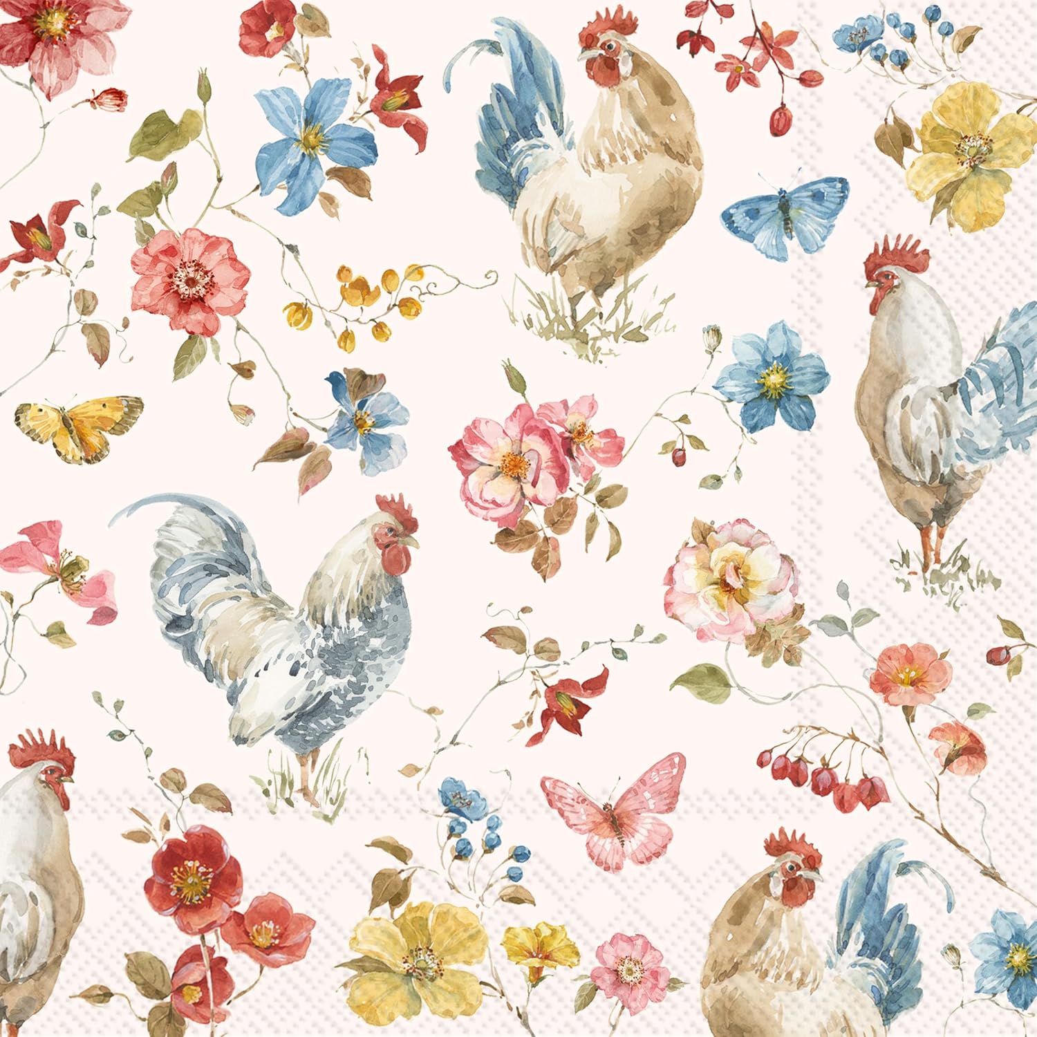 IHR Ideal Home Range Party Napkins Disposable 3-Ply Paper Lunch Napkin Pack, 6.5" x 6.5", Country Rooster (Cream), 20-Count