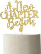 A New Chapter Begins Cake Topper - Book Themed Bridal Shower Baby Shower Party Decorations,Reading Themed Graduation Party Gold Glitter Decoration