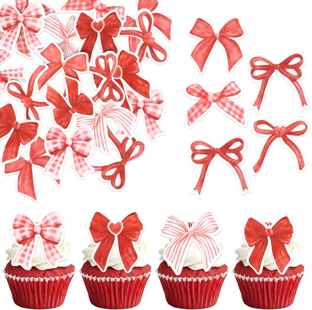 Rsstarxi 64 Pack Edible Bow Cupcake Toppers Rice Paper Red Bowknot Cupcake Picks for Bow Tie Theme Bridal Baby Shower Birthday Wedding Christmas New Years Eve Party Cake Decorations Supplies