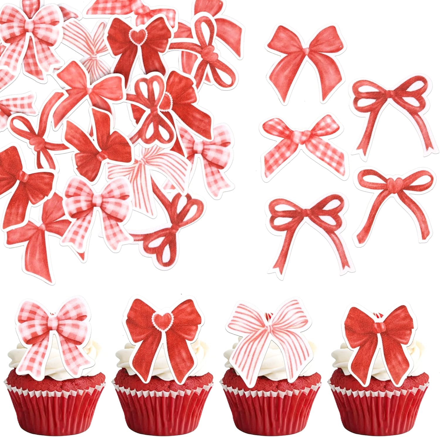 Rsstarxi 64 Pack Edible Bow Cupcake Toppers Rice Paper Red Bowknot Cupcake Picks for Bow Tie Theme Bridal Baby Shower Birthday Wedding Christmas New Years Eve Party Cake Decorations Supplies
