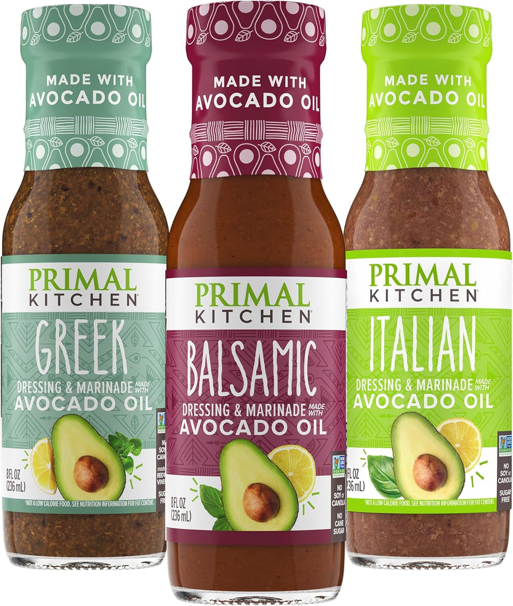 Primal Kitchen Italian Dressing, Balsamic Vinaigrette, and Greek Dressing & Marinade, Made with Avocado Oil, 8 Fluid Ounces, Variety Pack of 3