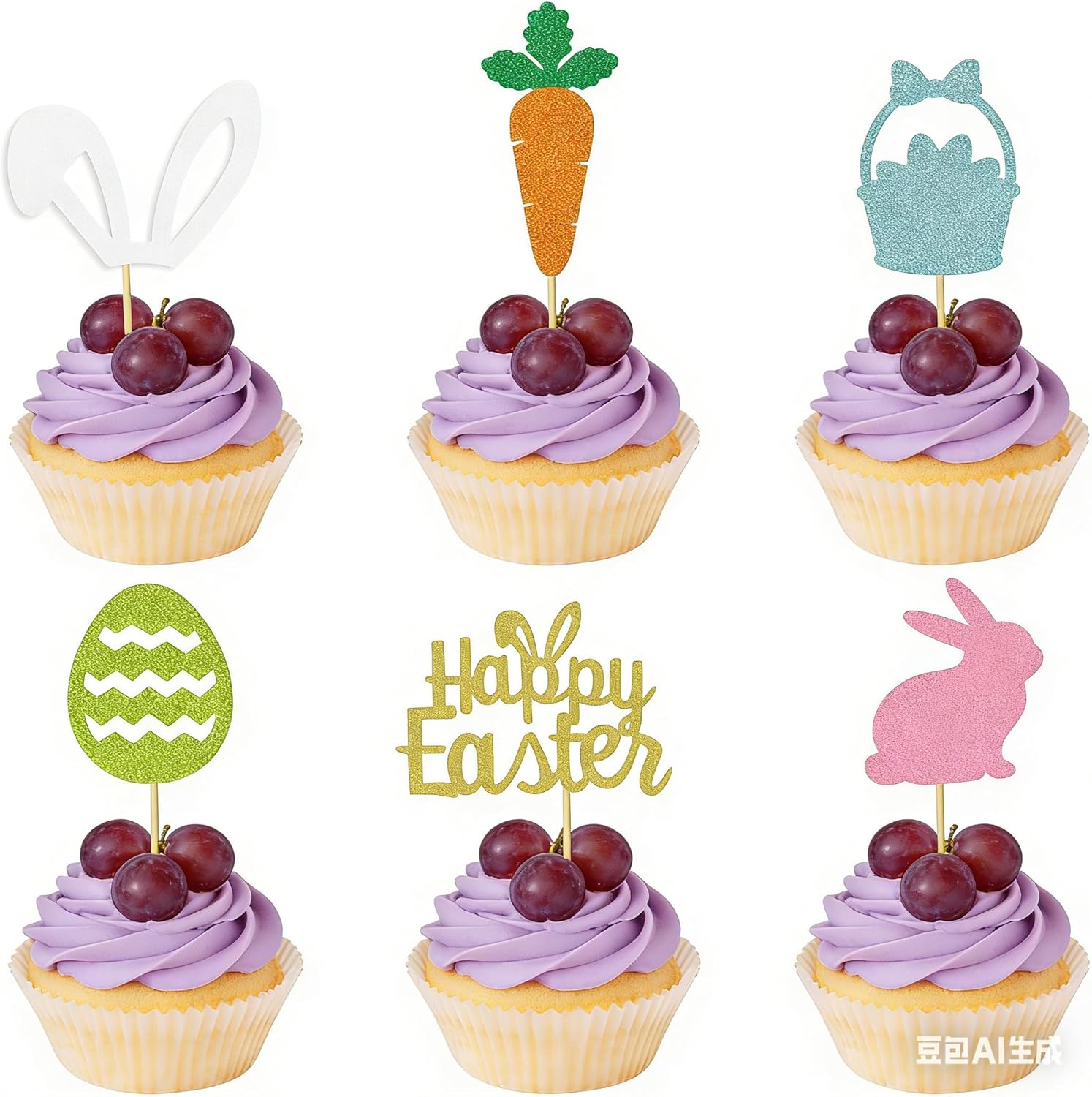 24Pcs Easter Cupcake Toppers - Bunny Rabbit Carrot Egg with Glitter, Spring Party Decorations for Cupcake, Baby Shower, Easter Party Supplies