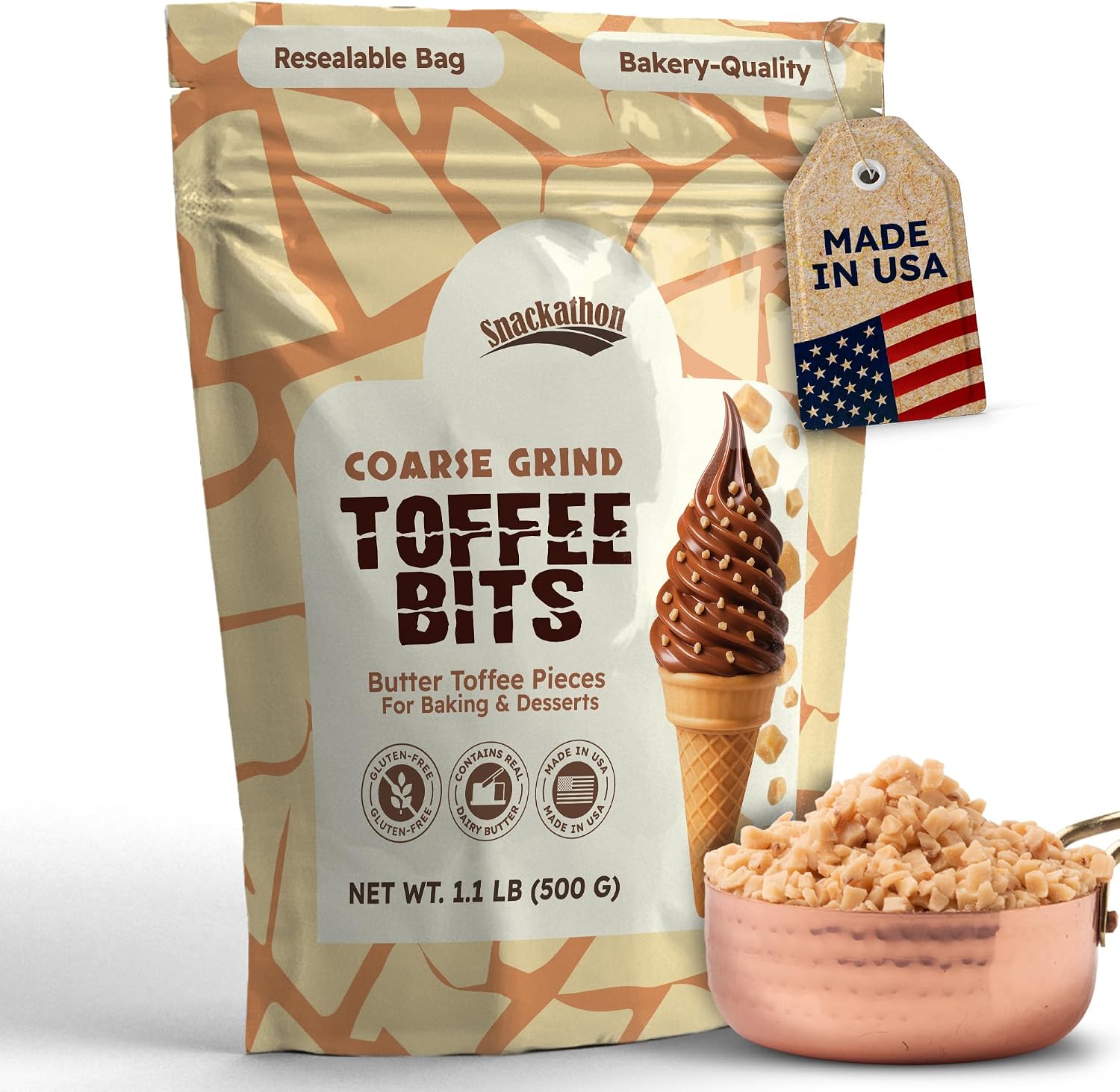 Snackathon Toffee Bits, Coarse Grind, 1.1 LB Bulk Resealable Bag, Sweet & Crunchy Butter Toffee Pieces for Ice Cream Topping, Baking & Desserts, Made in USA