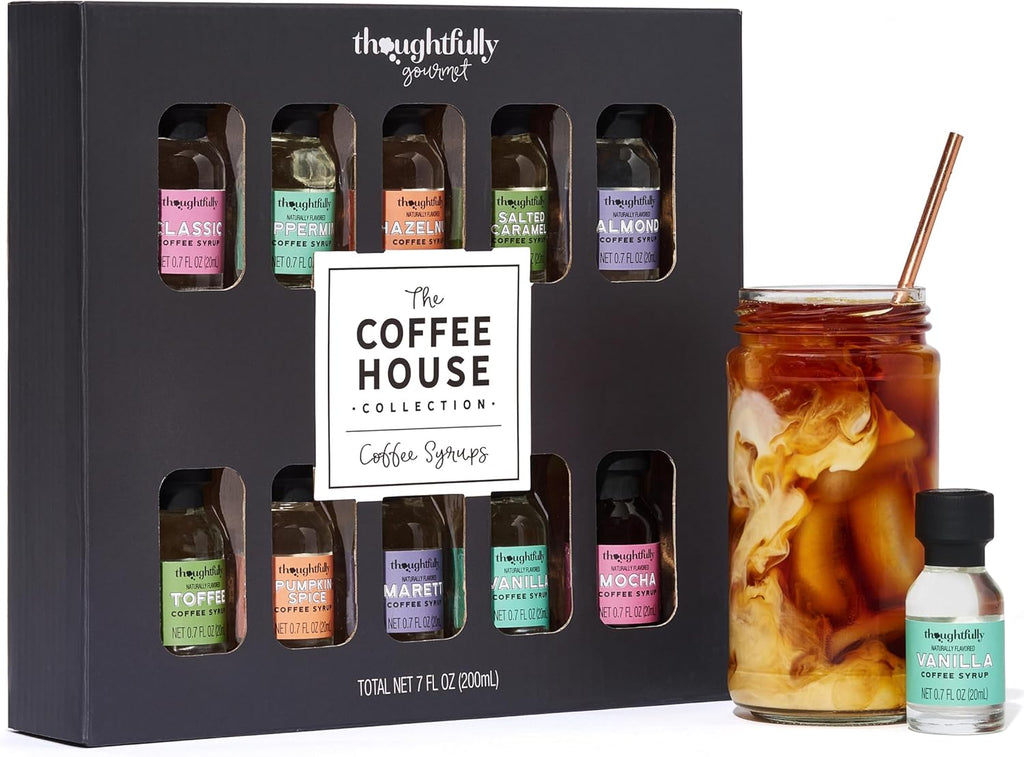Thoughtfully Gourmet, Coffee Syrup Sampler Gift Set, Syrup Flavors Include Salted Caramel, Vanilla, Mocha, Hazelnut, Pumpkin Spice, & More, Set of 10
