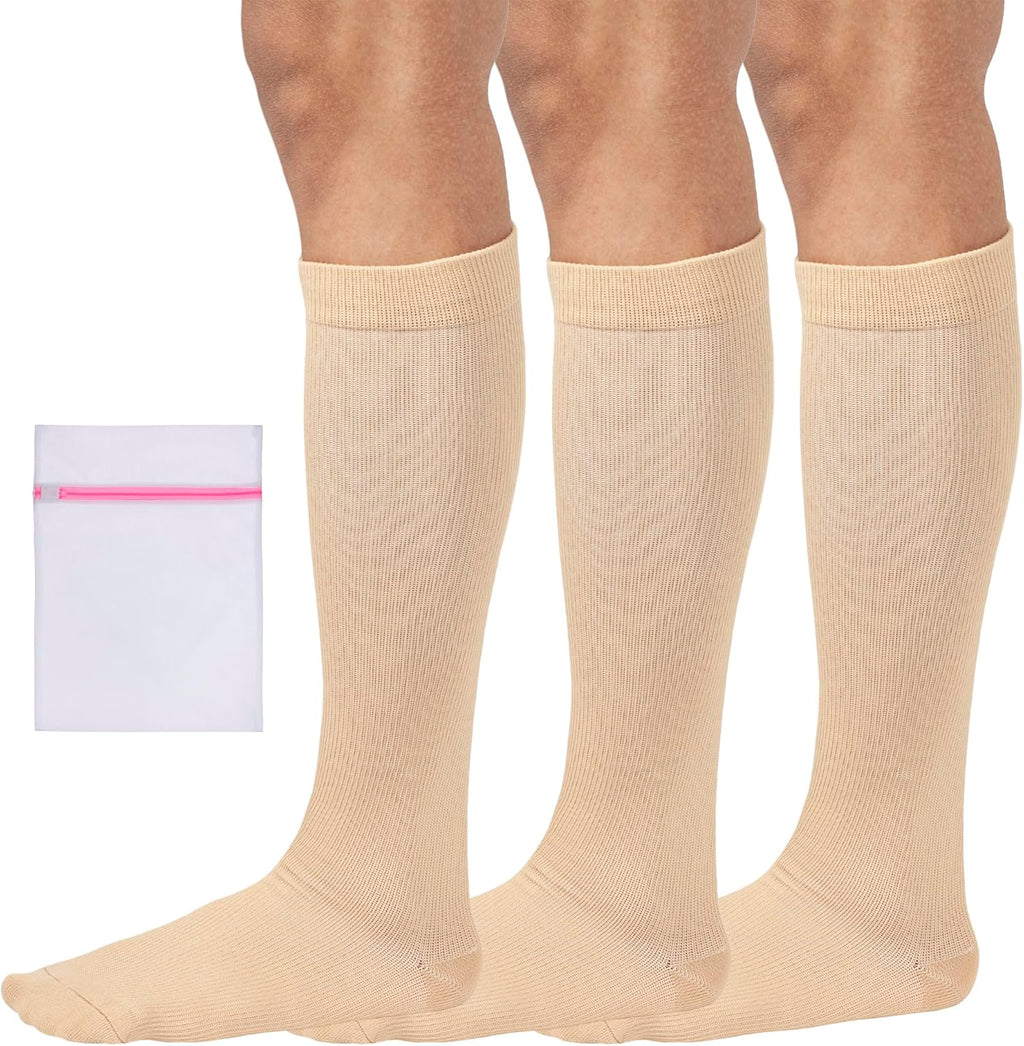 360 RELIEF - Flight Compression Socks Supports | Blood Circulation, Travel, Work, Edema, Diabetic, Varicose Veins (Large-X-Large, 3Pairs-Beige)