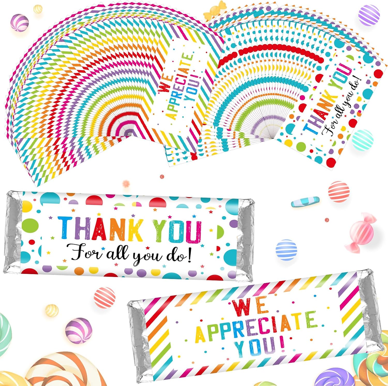 Moinchore 100 Pcs Teacher Appreciation Gifts Employee Appreciation Gifts We Appreciate You Chocolate Candy Wrappers for Paraprofessional Team Party Favor DIY Lover Birthday Graduation(Dot)