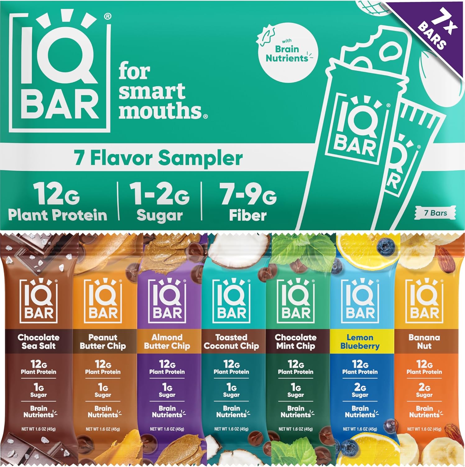 IQBAR Clean Plant Protein Bars - Bar Sampler - 7 Count - Keto, Vegan, High Fiber, Gluten and Dairy Free, Low Sugar Snack - Brain and Body Nutrients for Focus, Energy, Meal Replacement