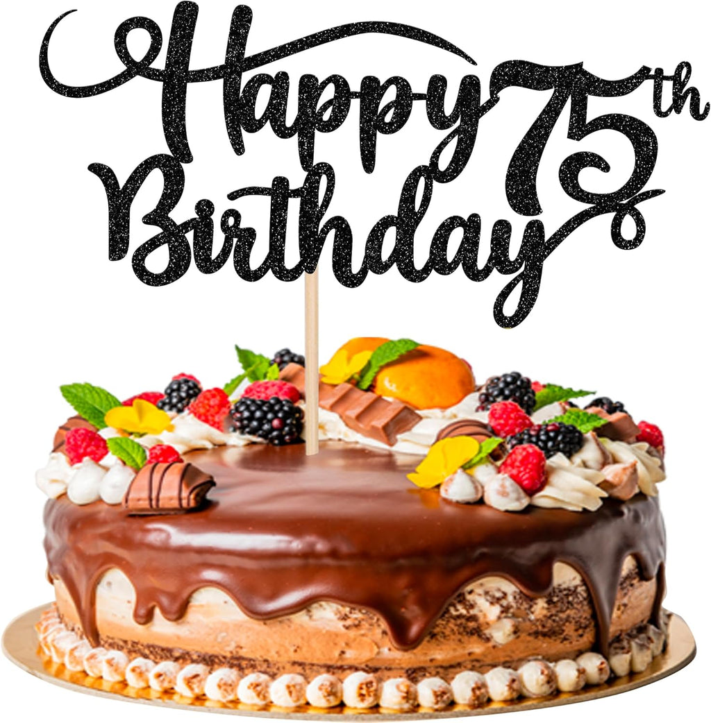 Rsstarxi 1 Pack Happy 75th Birthday Cake Topper Glitter Number 75 Seventy Five Years Old Birthday Cake Pick Decoration for Celebrating 75th Birthday Anniversary Party Supplies Black