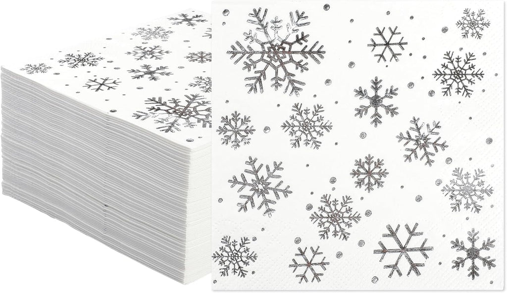 100 PCS Snowflake Paper Napkins Snowflake Cocktail Napkins Silver Foil Snow Disposable Napkins 3-Ply Dinner Party Napkins for Christmas Winter New Year Holiday Dining Party, 5 x 5 Inch