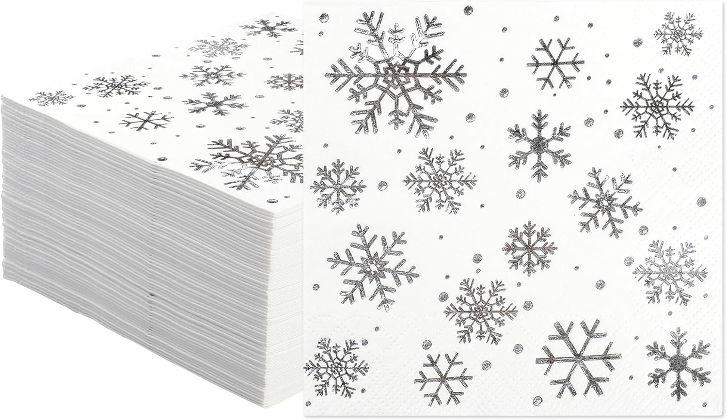 100 PCS Snowflake Paper Napkins Snowflake Cocktail Napkins Silver Foil Snow Disposable Napkins 3-Ply Dinner Party Napkins for Christmas Winter New Year Holiday Dining Party, 5 x 5 Inch