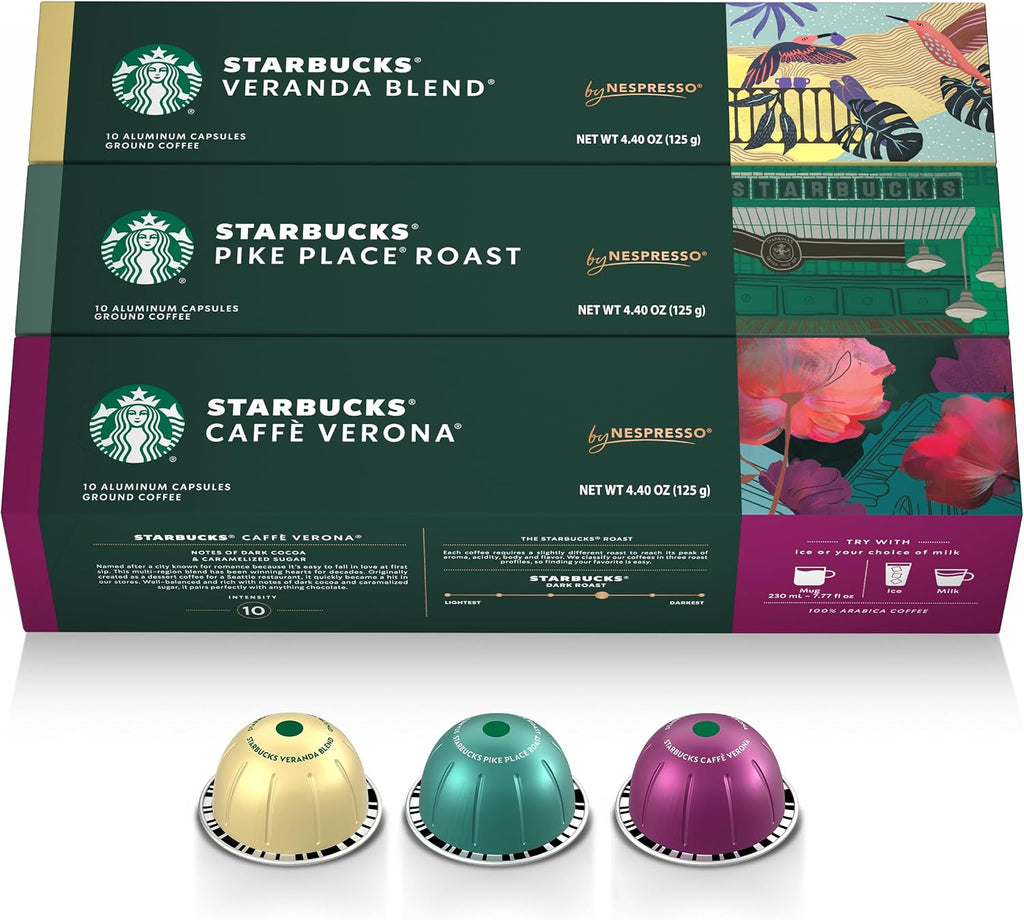Starbucks by Nespresso Vertuo, Blonde, Medium, and Dark Roast Variety Pack Coffee, 30-count Coffee Pods, Brews 7.8 oz.