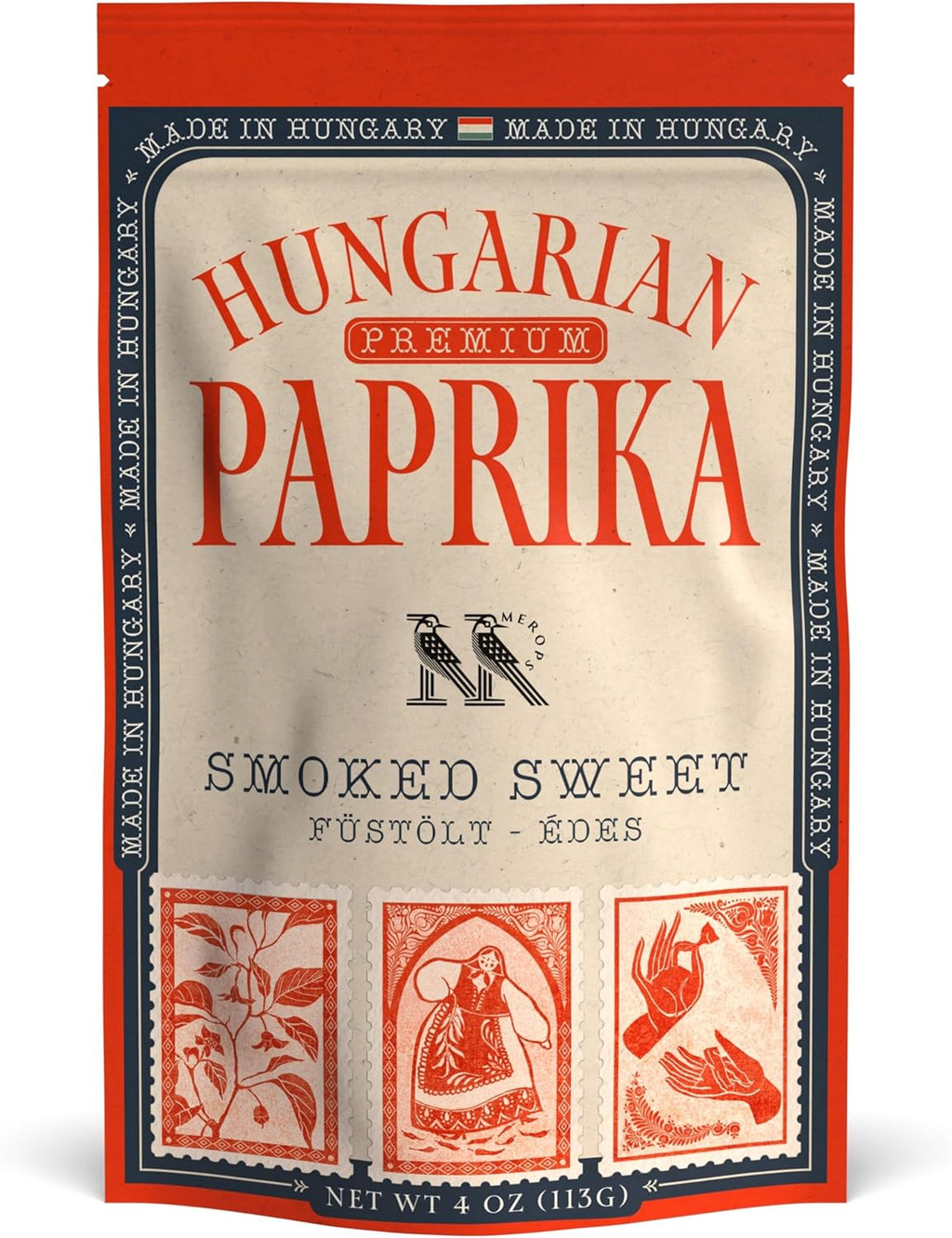 Premium SMOKED SWEET Hungarian Paprika Powder (4 oz) - Non-GMO - Vibrant Deep Red Color - Origin: Szeged Region, Hungary - Authentic Seasoning Spice in Resealable Bag by MEROPS