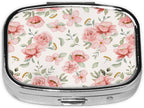 Pill Box-2 Compartment Small Pill Case Square Organizer Case with Mirror Portable Metal Medicine Box Travel Container for Pocket & Purse Women Men(Pink Spring Floral)