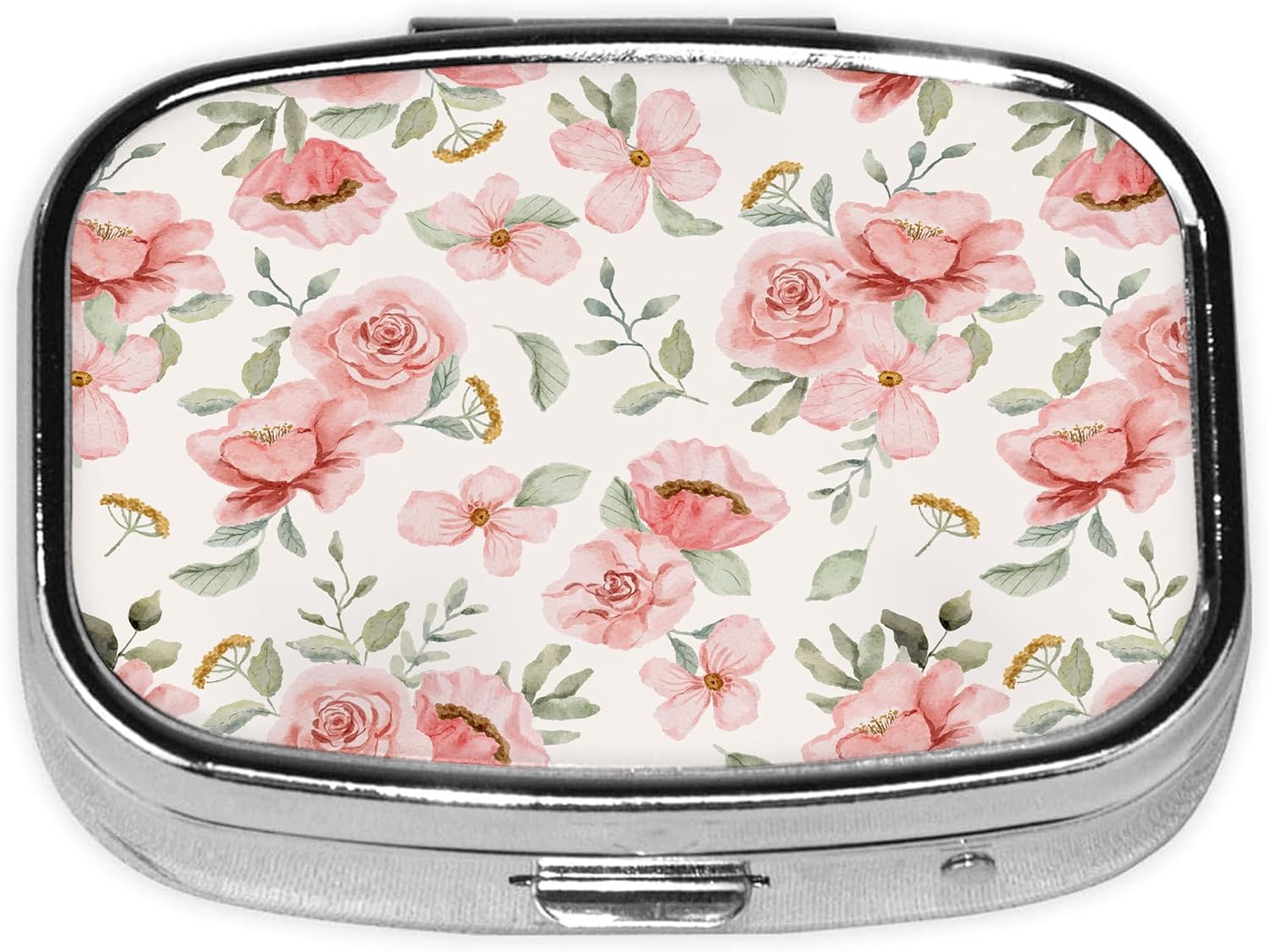 Pill Box-2 Compartment Small Pill Case Square Organizer Case with Mirror Portable Metal Medicine Box Travel Container for Pocket & Purse Women Men(Pink Spring Floral)