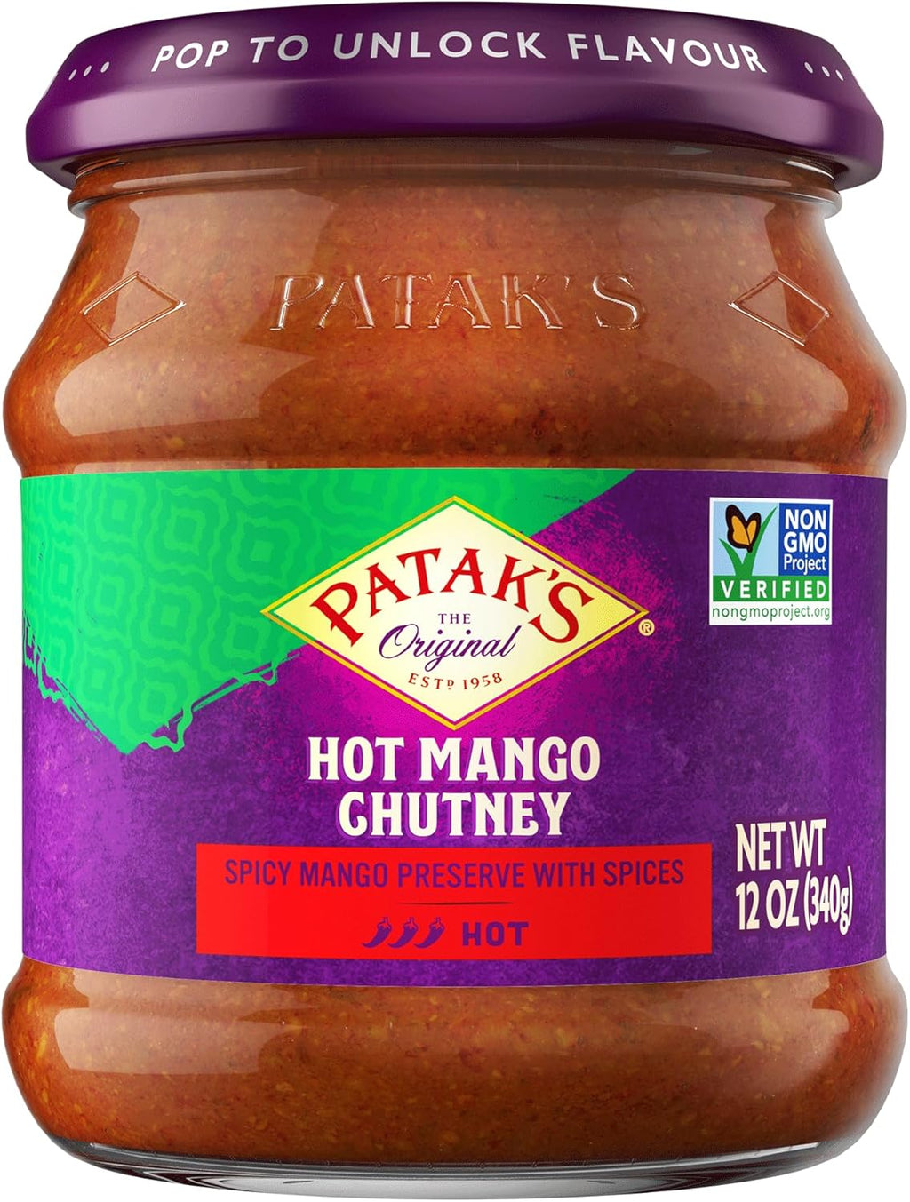 Patak’s Hot Mango Chutney - Sweet & Spicy Mango Chutney with Paprika & Red Chile - Vegan & Gluten-Free - Perfect for Meats, Cheese Platters & Veggie Dips - 12 oz (Pack of 1)