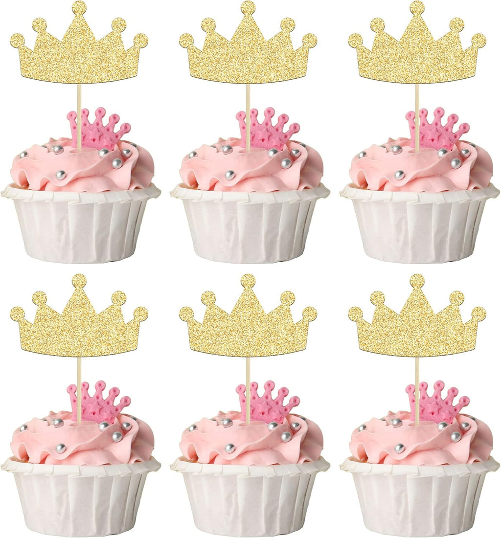 24Pcs Crown Cupcake Toppers Glitter Queen Crown Cupcake Picks for Queen Princess Theme Baby Shower Girls Wedding Birthday Party Cake Decorations Supplies Gold