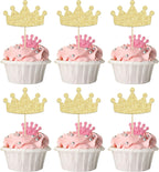 24Pcs Crown Cupcake Toppers Glitter Queen Crown Cupcake Picks for Queen Princess Theme Baby Shower Girls Wedding Birthday Party Cake Decorations Supplies Gold
