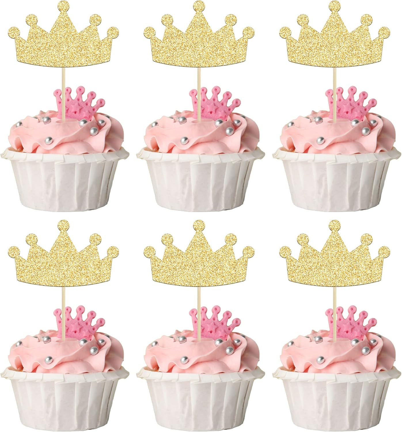 24Pcs Crown Cupcake Toppers Glitter Queen Crown Cupcake Picks for Queen Princess Theme Baby Shower Girls Wedding Birthday Party Cake Decorations Supplies Gold
