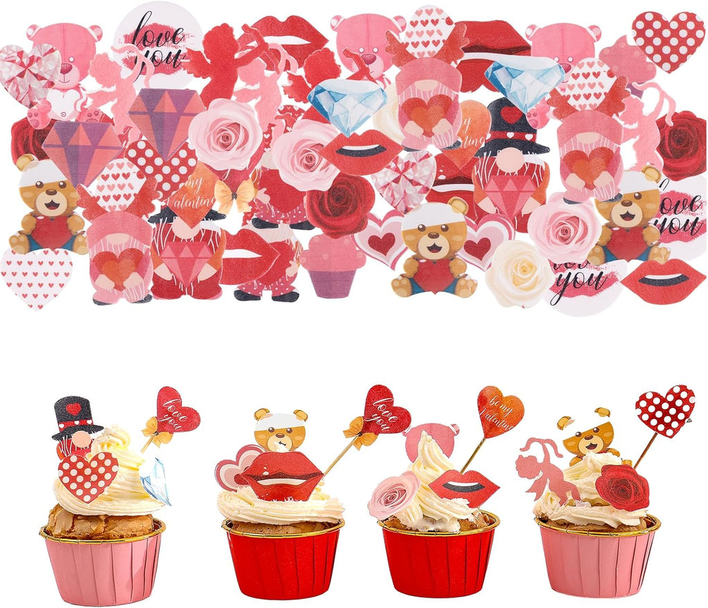 68PCS Edible Cake Cupcake Toppers Happy Valentine's Day Cake Toppers Edible Wafer Paper Cake Decorations for Wedding Engagement Theme Party Suppliers