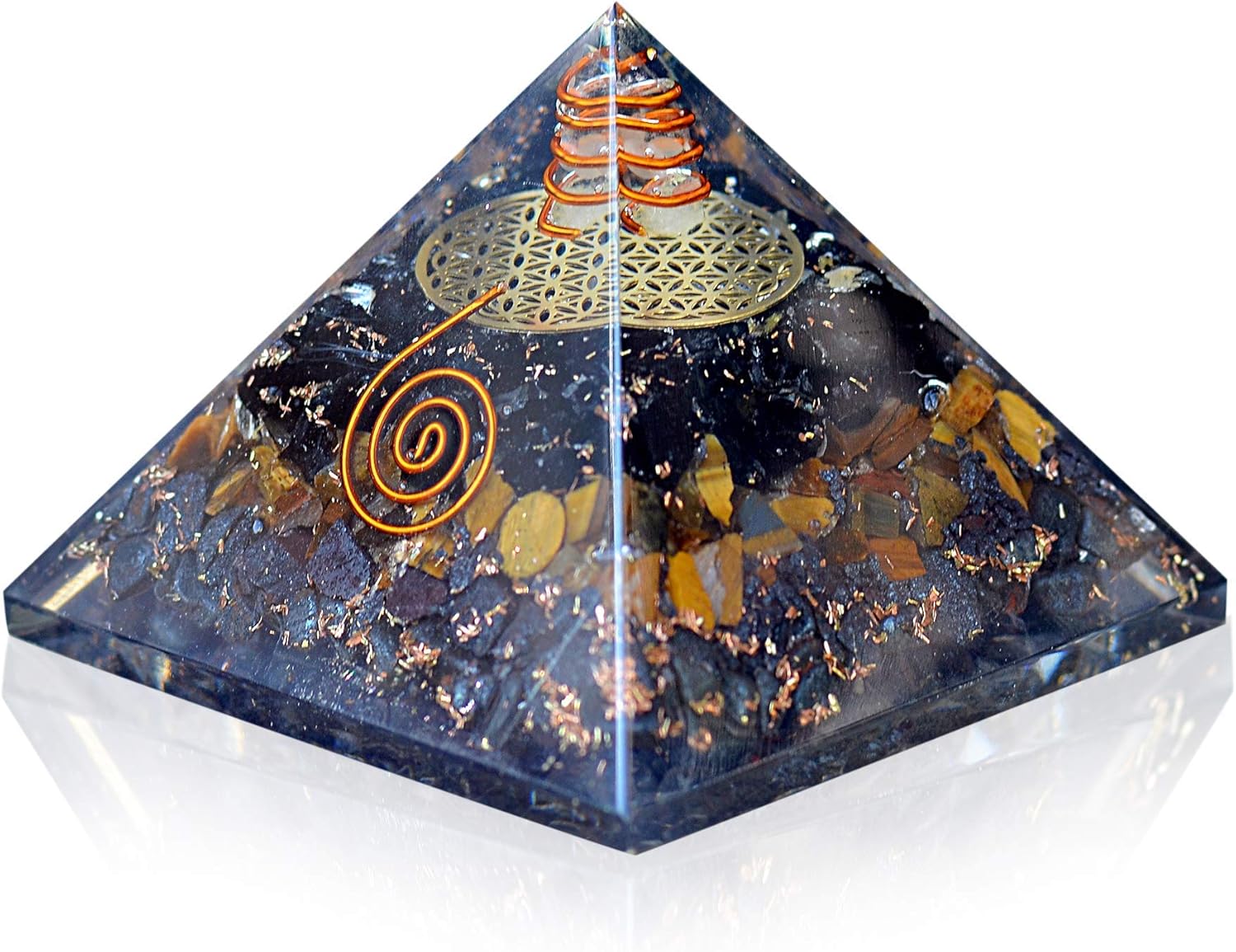 Orgonite Crystal Triple Protection Orgone Pyramid with Black Tourmaline, Tiger Eye and Hematite Crystal – Flower of Life Pyramid for Spiritual Healing, Meditation, Yoga, Reiki Gift, Office, Home Décor