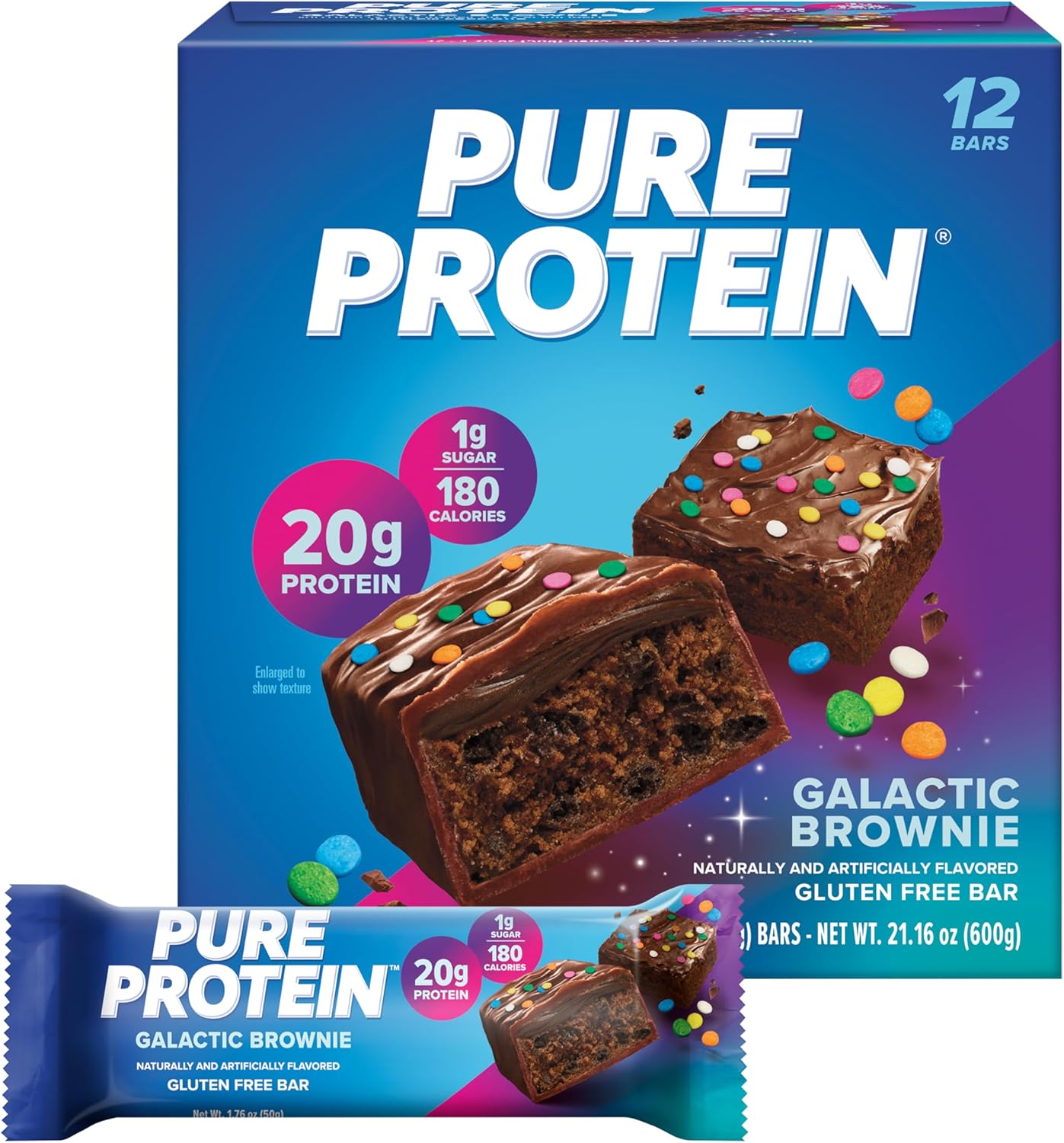 Pure Protein Galactic Brownie Protein Bars – 20g Protein, 3g Sugar, 190 Calories (12 count) Low Sugar* High Protein Snack - Gluten Free - Perfect for a Healthy Snack