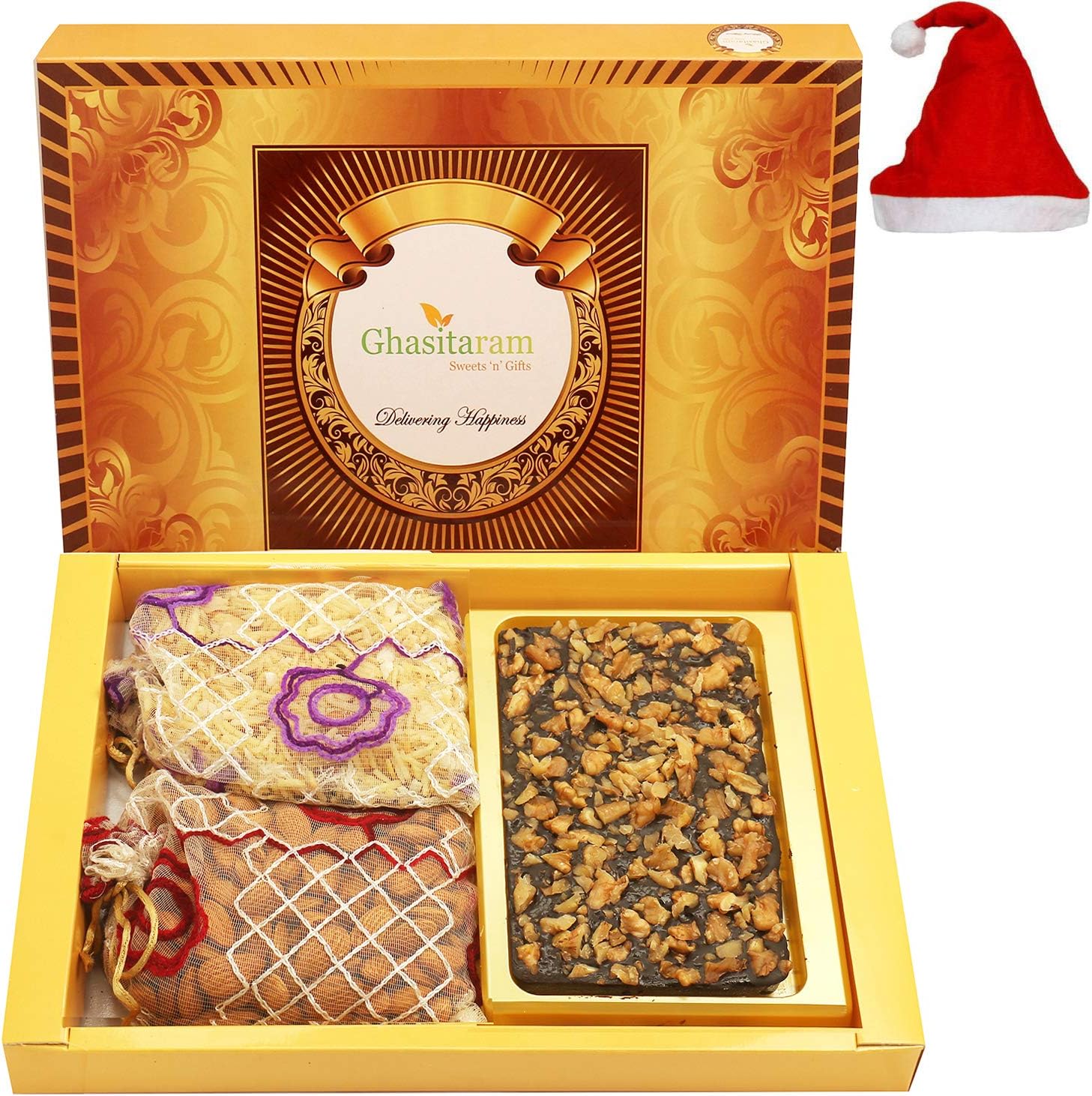 Ghasitaram Gifts Christmas Gifts Christmas Chocolates Big Box of Walnut Chocolate Bark 200 GMS, Almonds 200 GMS and Namkeen 200 GMS Pouch