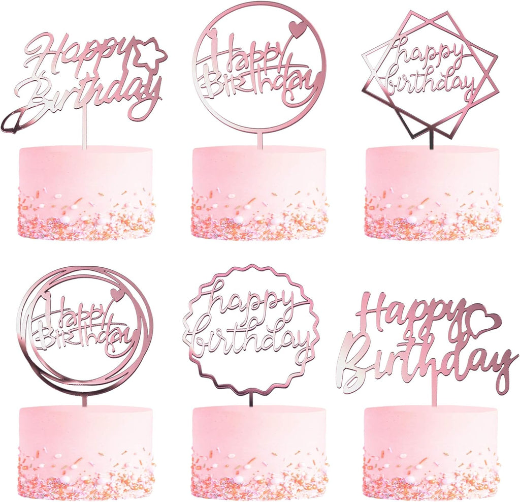 6-Pack Rose Gold Birthday Cake Topper Set, Double-Sided Glitter, Acrylic Happy Birthday Sign Cake Toppers/Cupcake Toppers, Party Decorations Supplies for Girls and Mom.