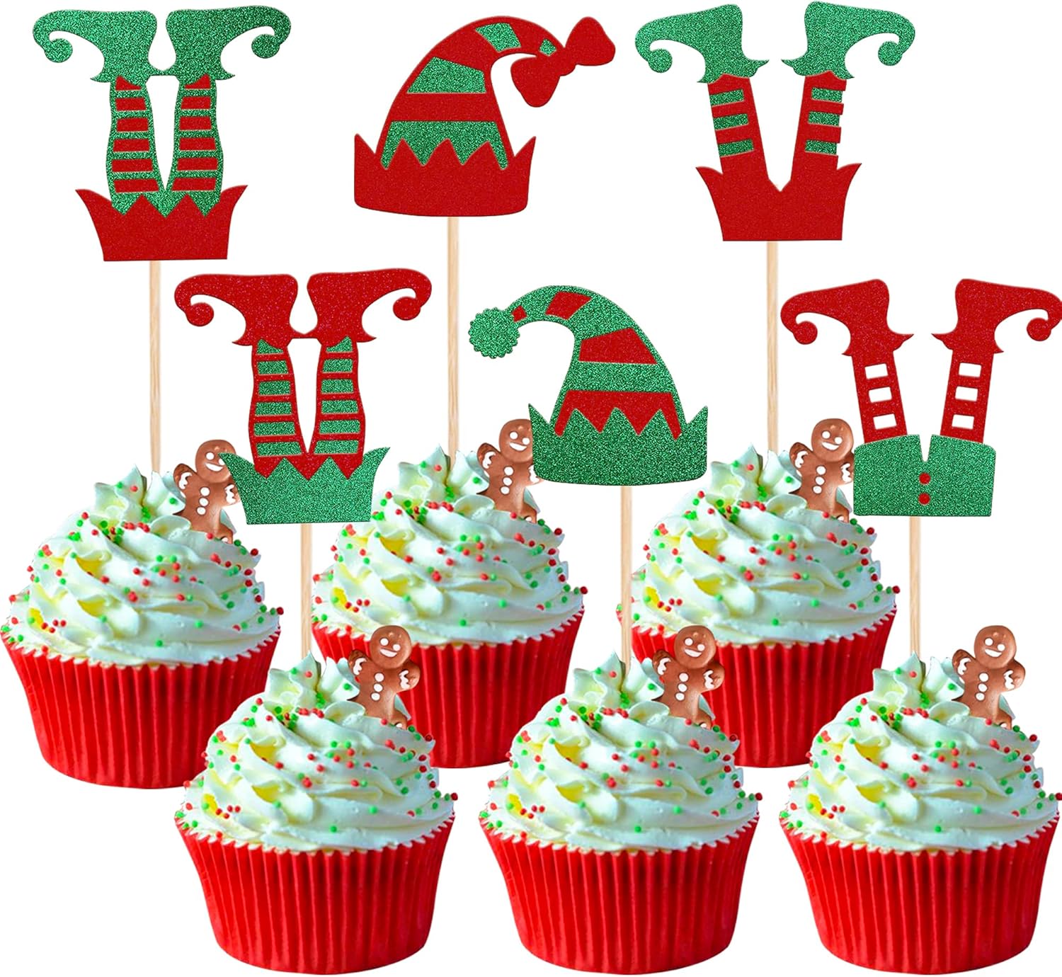 Rsstarxi 24 Pack Christmas Elf Cupcake Toppers Glitter Merry Santa Hat Elf Legs Cupcake Picks for Merry Christmas Theme New Year Holiday Baby Shower Kids Birthday Party Cake Decorations