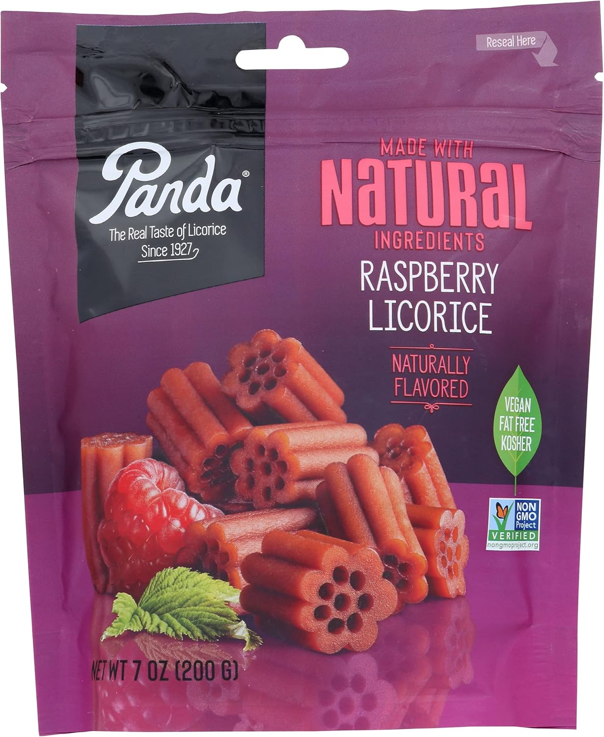 Panda Natural Raspberry Licorice Chews, Vegan, Fat Free, Kosher, Non-GMO, 7 Oz (Pack of 8)