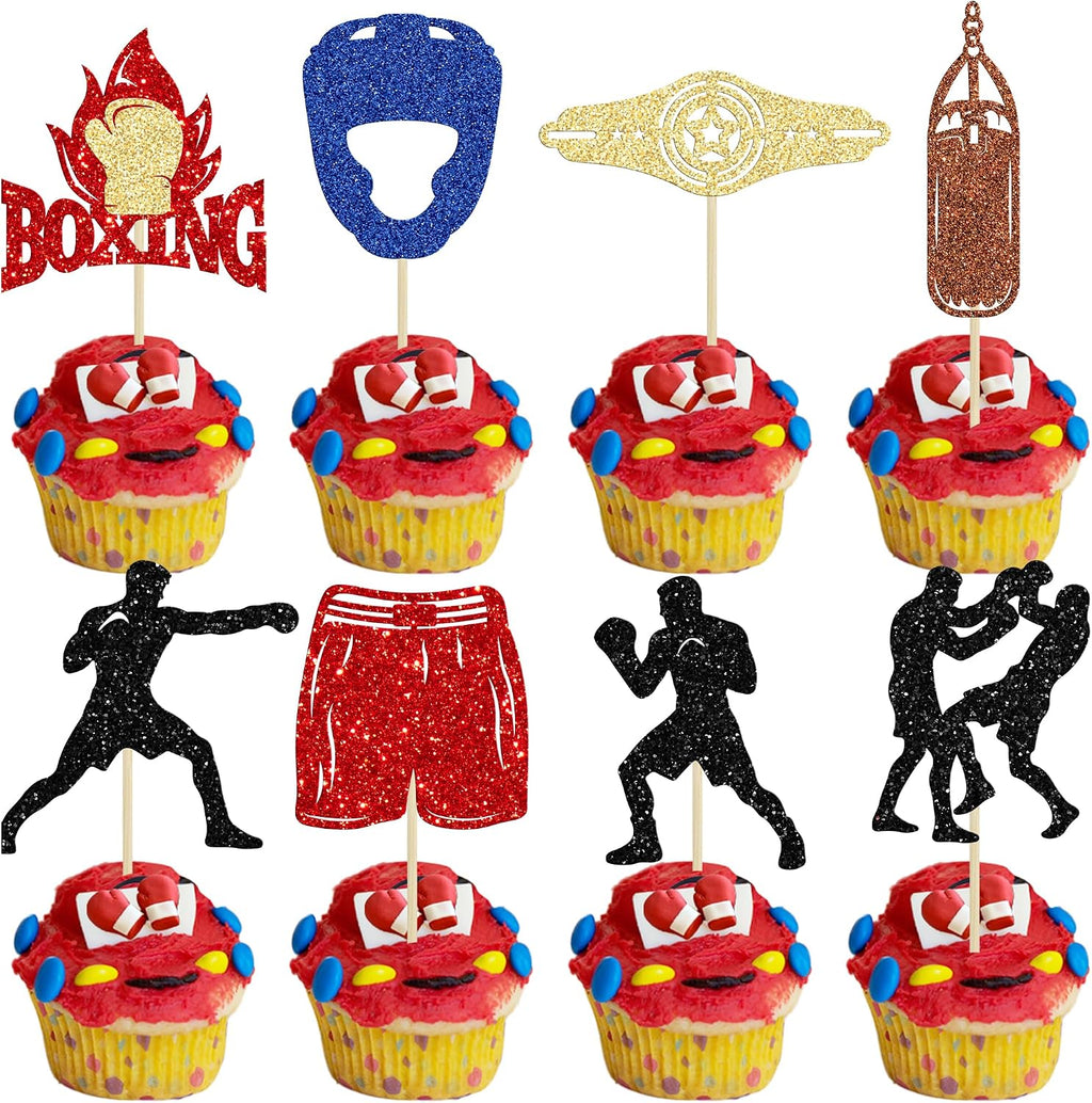 Ephlyn 24Pcs Boxing Player Cupcake Toppers Glitter Boxing Gloves Cupcake Decorations Picks Boxer Gym Theme Baby Shower Birthday Party Supplies Multi