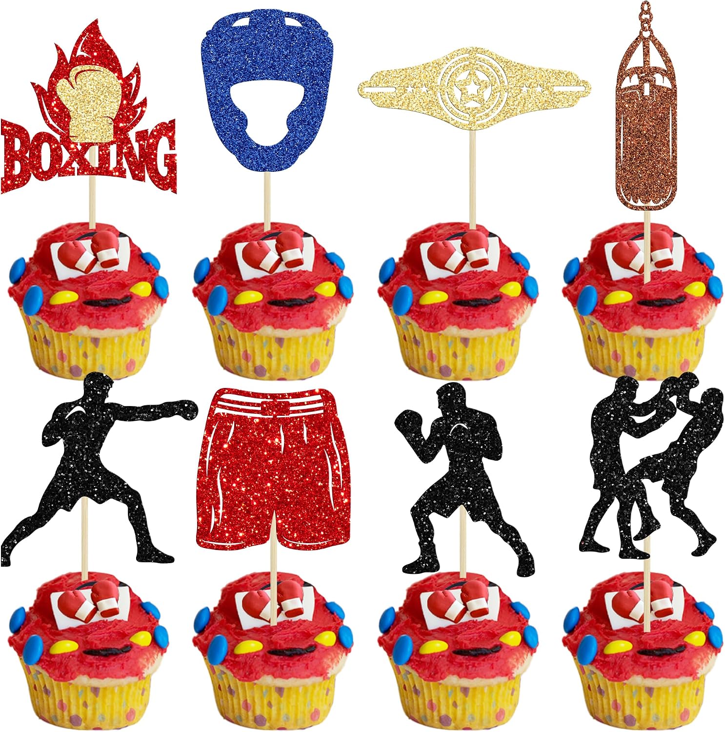 Ephlyn 24Pcs Boxing Player Cupcake Toppers Glitter Boxing Gloves Cupcake Decorations Picks Boxer Gym Theme Baby Shower Birthday Party Supplies Multi