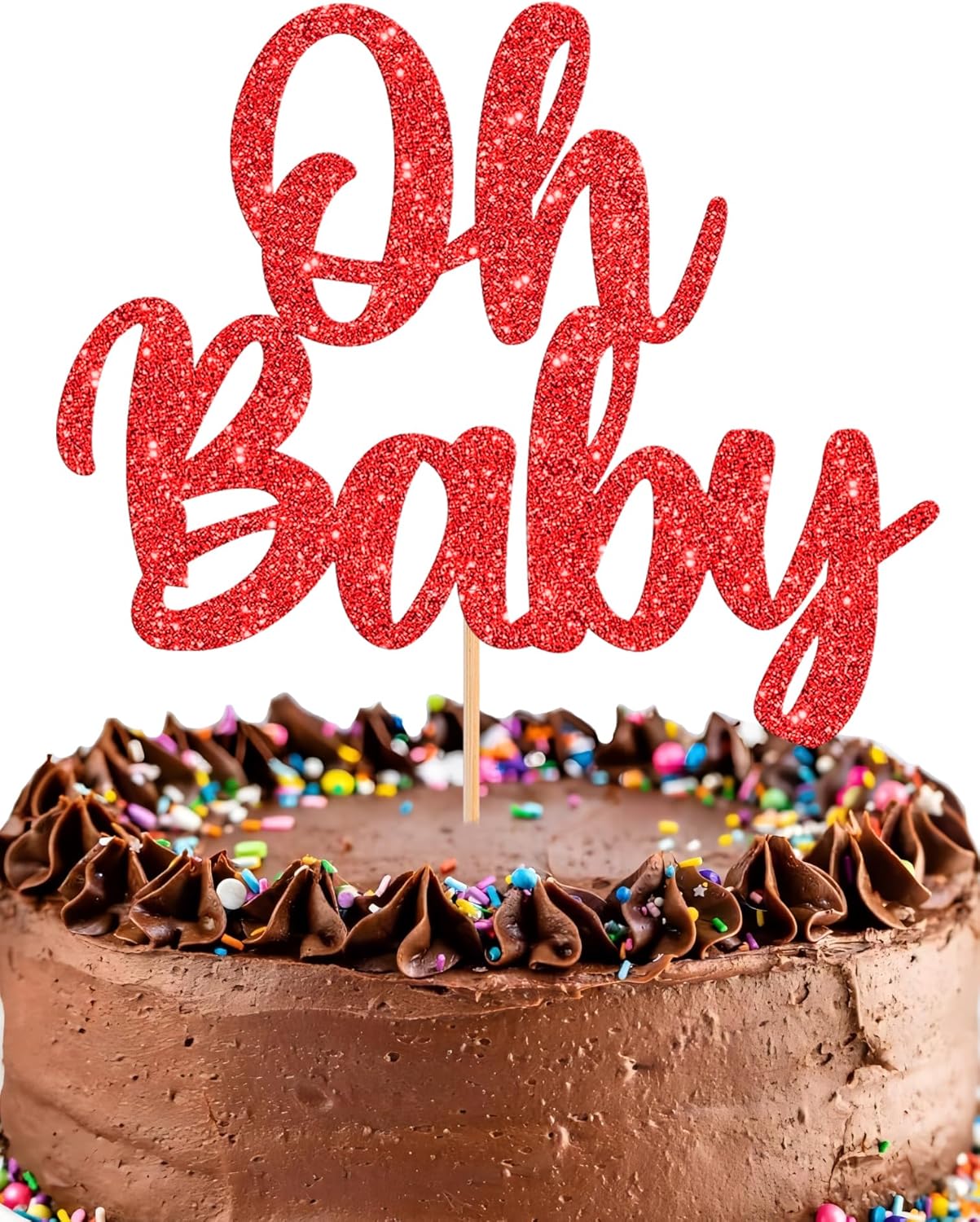Oh Baby Cake Topper - Glitter Red Baby Shower Cake Decorations, Gender Reveal Cake Smash Decor, New Baby Cake Top Photo Booth Props (Red)
