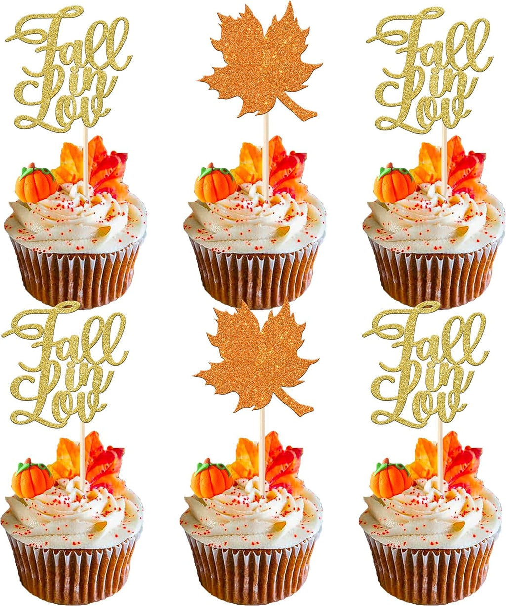 Rsstarxi 24 Pack Fall in Love Cupcake Toppers Glitter Autumn Maple Fall leaves Cupcake Picks Thanksgiving Day Cake Decorations for Bridal Shower Wedding Engagement Birthday Party Decorations