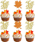 Rsstarxi 24 Pack Fall in Love Cupcake Toppers Glitter Autumn Maple Fall leaves Cupcake Picks Thanksgiving Day Cake Decorations for Bridal Shower Wedding Engagement Birthday Party Decorations