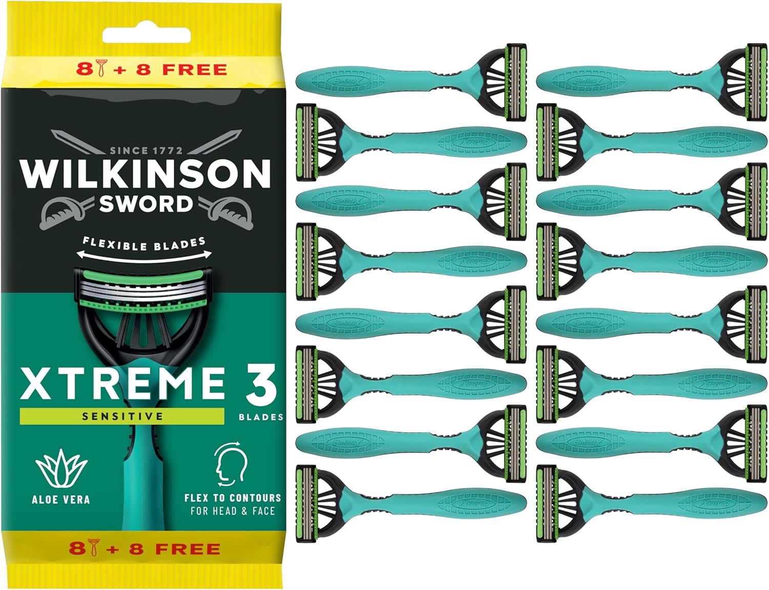 Wilkinson Sword Xtreme 3 Sensitive Disposable Razor with Lubricating Strips of Vitamin E and Aloe Vera, Ideal for Care and Smoothness of the Face