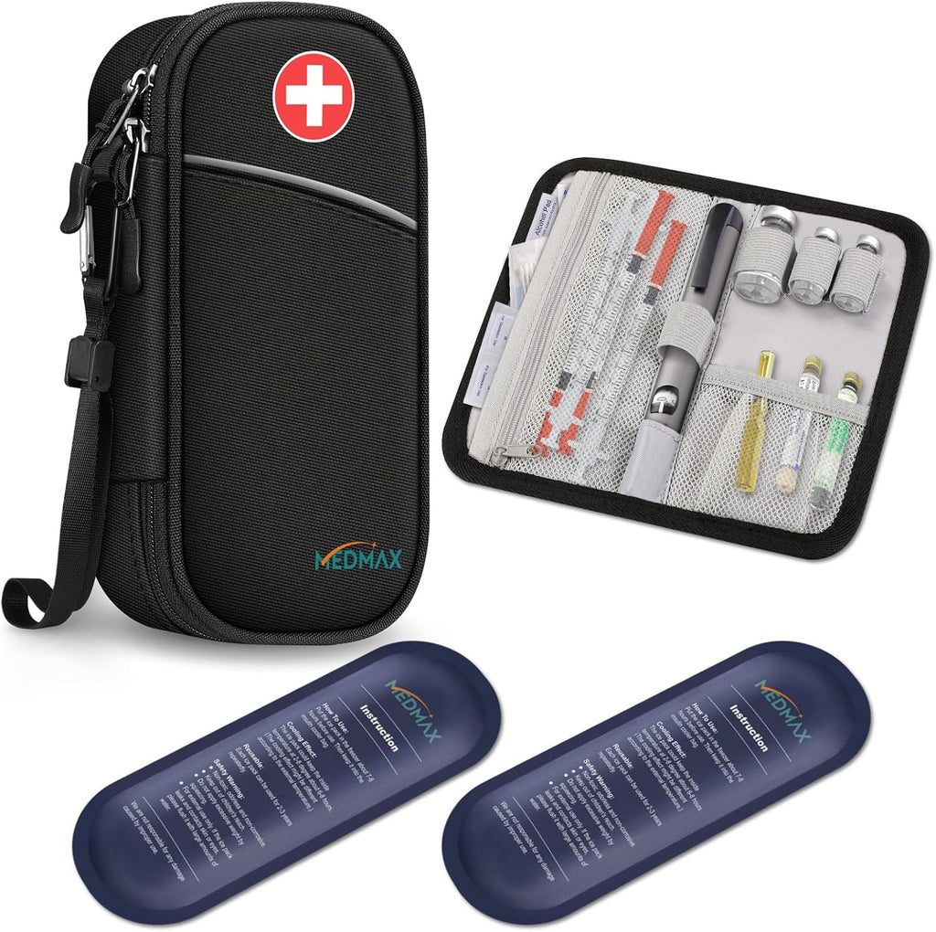MEDMAX Insulin Cooler Travel Case with 2 Ice Pack, Water Resistant Insulated Diabetic Medication Organizer Carrying Bag with Extra Pouch for Insulin Pen and Other Diabetic Supplies (Black)