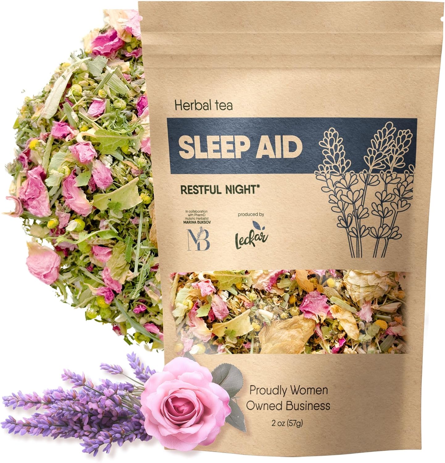 Sleep Aid Herbal Tea – Organic Calming Blend with Lemon Balm, Lavender, Linden, Chamomile, California Poppy, Passionflower, and Verbena – Supports Deep Sleep, Stress Relief and Relaxation