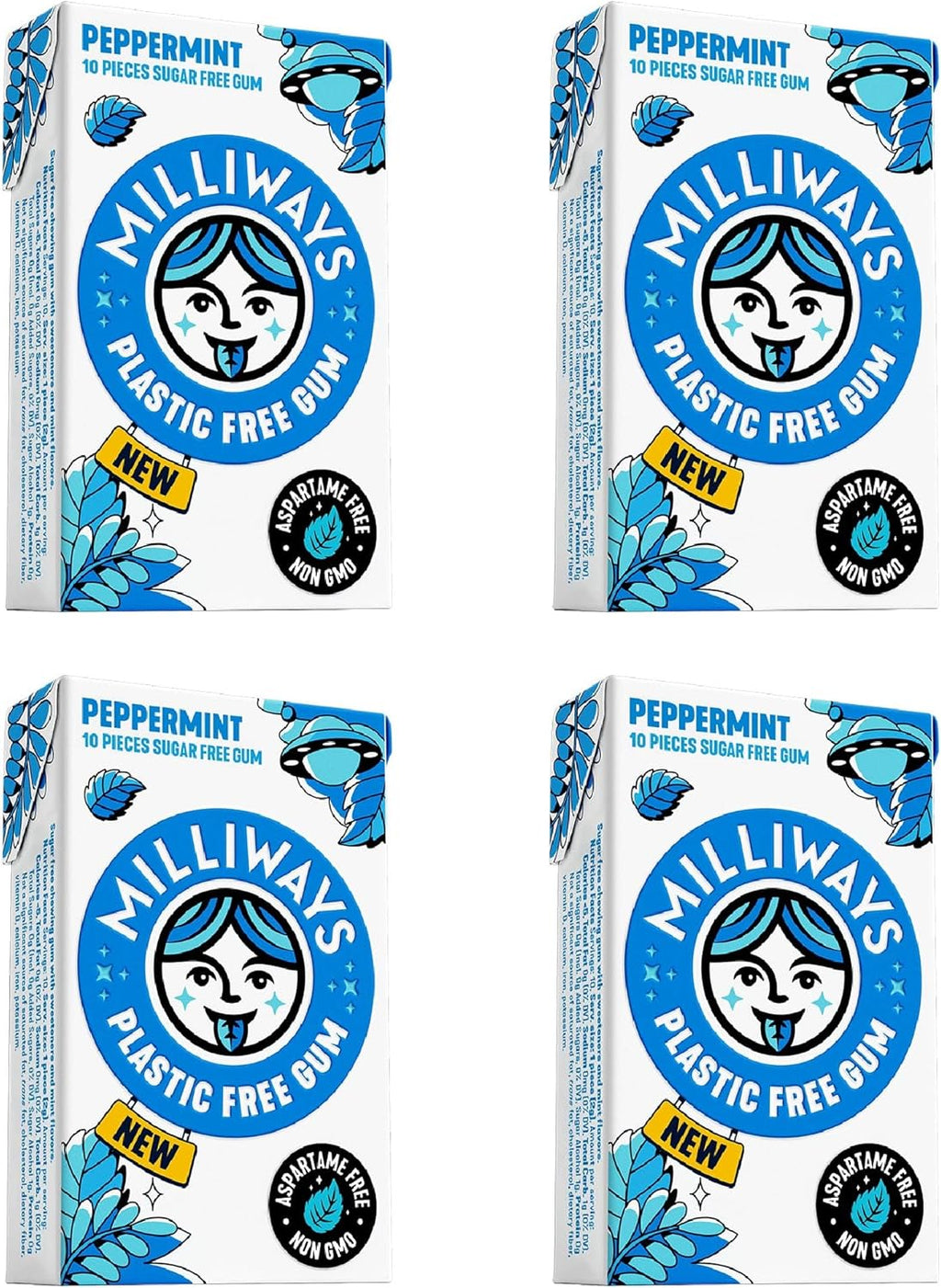 Milliways Peppermint | Plastic Free Gum | Xylitol, Aspartame-Free, Sugar-Free, Plant-Based, Natural Chewing Gum | 40 Pieces Total (4 Packs of 10 Pieces)