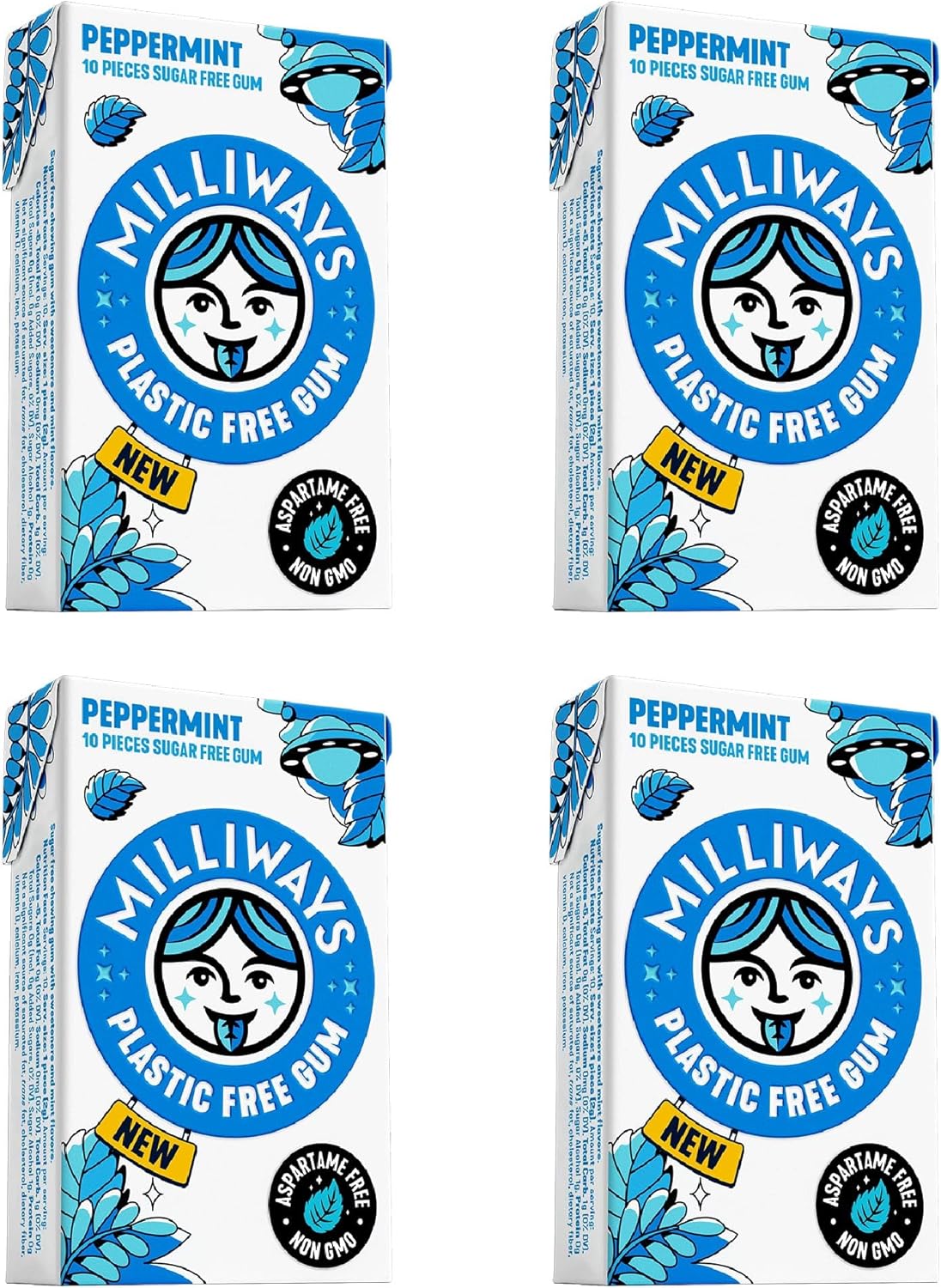 Milliways Peppermint | Plastic Free Gum | Xylitol, Aspartame-Free, Sugar-Free, Plant-Based, Natural Chewing Gum | 40 Pieces Total (4 Packs of 10 Pieces)