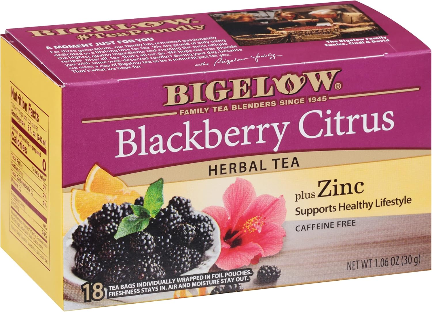 Bigelow Tea Blackberry Citrus Plus Zinc Herbal Tea, Caffeine Free Tea with Blackberry, 18 Count Box (Pack of 6), 108 Total Tea Bags